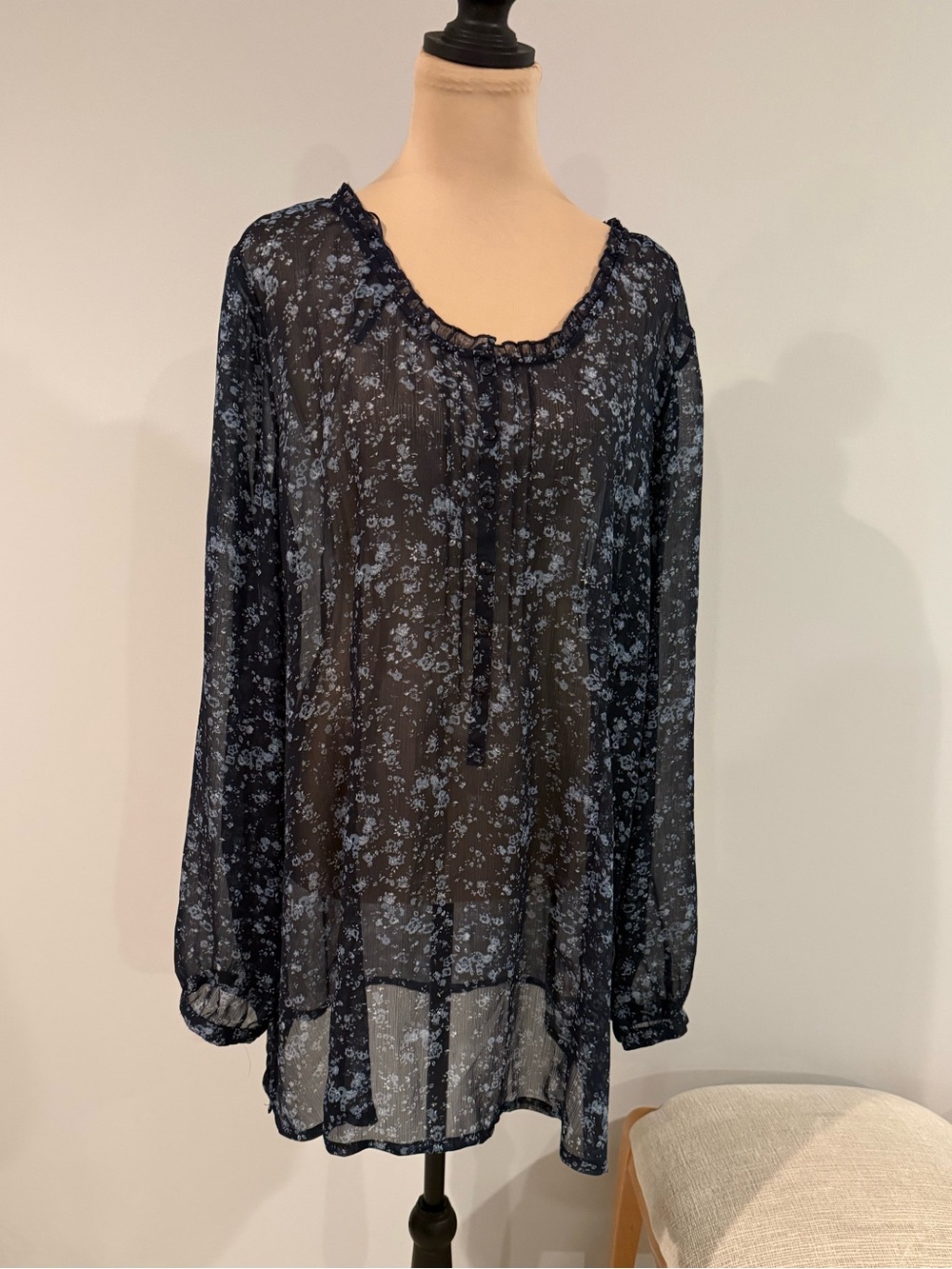 Eddie Bauer Sheer Navy Floral Peasant Blouse
